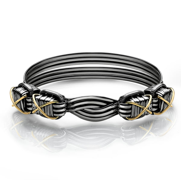 Elephant Hair Bangle Mens - Gold Cross in Silver with Midnight Patina
