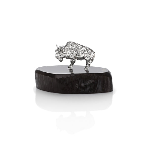Bison Miniature on Dark Wood Base in Silver
