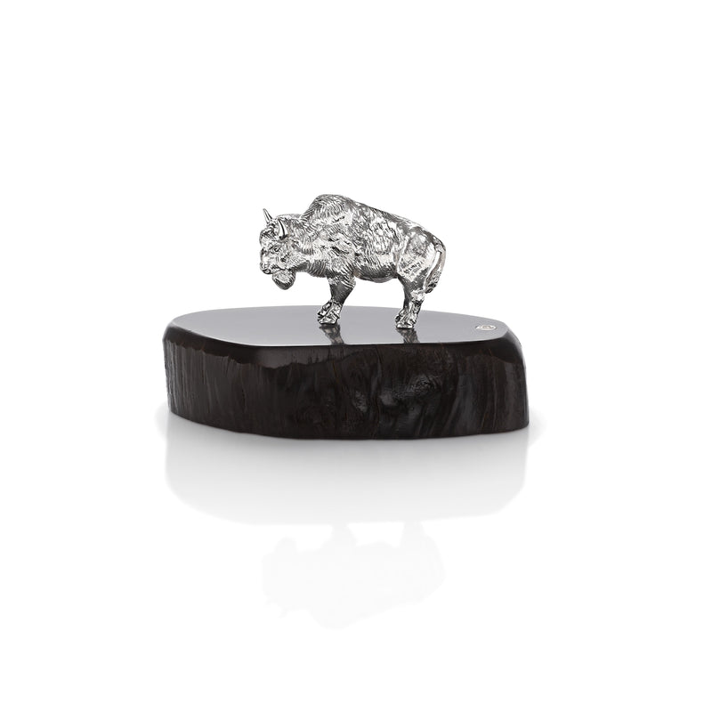 Bison Miniature on Dark Wood Base in Silver