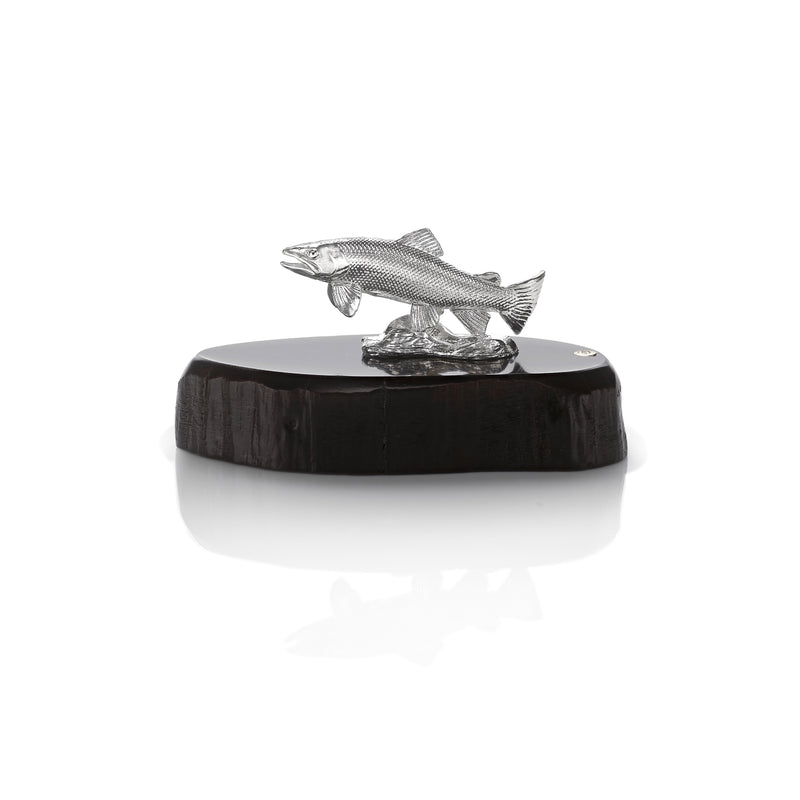 Brown Trout Miniature on Dark Wood Base in Silver