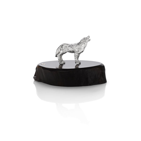Wolf Miniature on Dark Wood Base in Silver