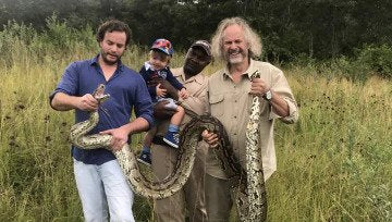 Maximos, Patrick’s grandson gets taken on his first python capture and relocation mission with Uncle Pat.