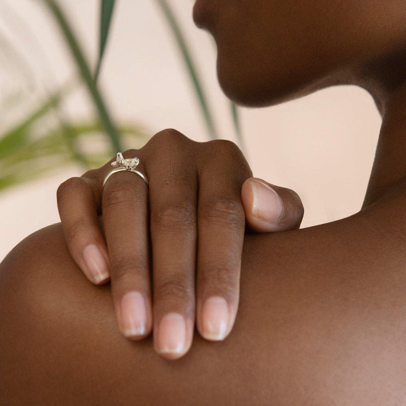 Model Wearing Animal Lover Grasshopper Mini-Ring in Sterling Silver