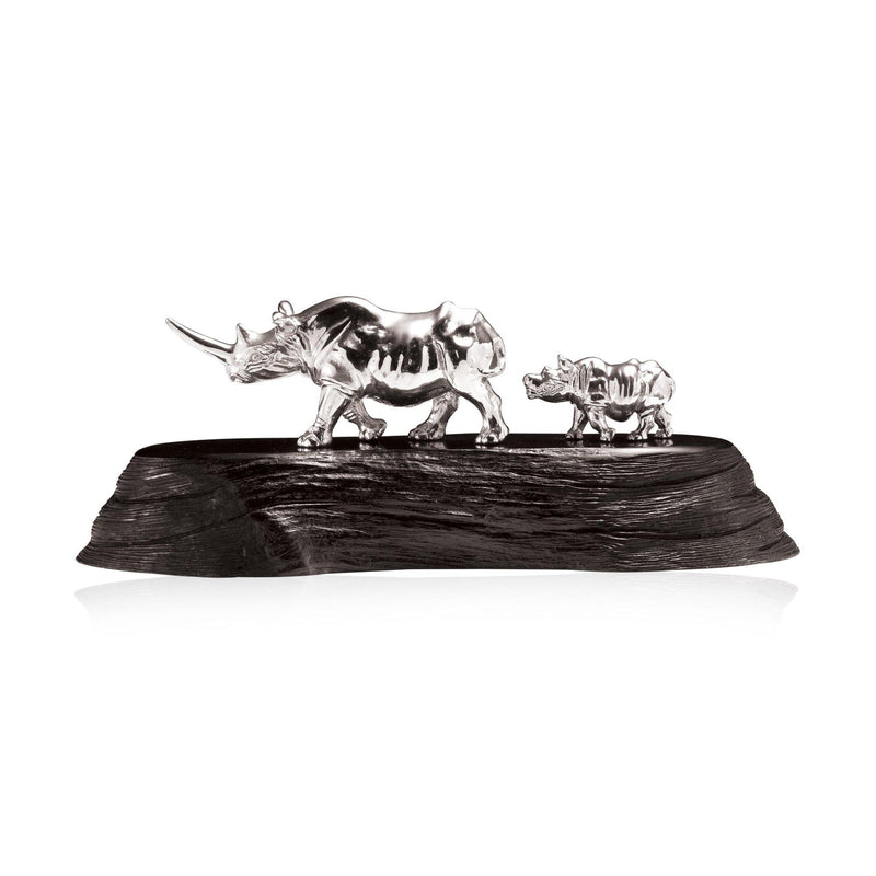 Black Rhino & Baby in Sterling Silver on Zimbabwean Blackwood base - Medium