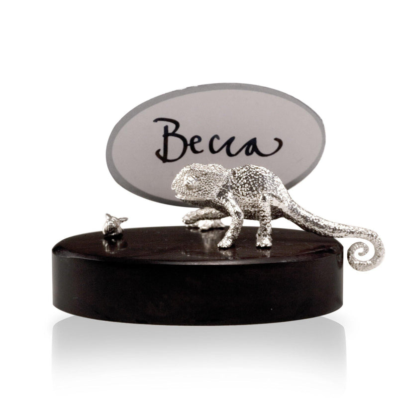 Chameleon & Fly Place Card Holder in Sterling Silver on Zimbabwean Blackwood base