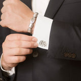 Model Wearing Elephant Walking Oval Cufflinks in Sterling Silver and Mens Elephant Hair Bangle in Sterling Silver