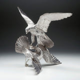 Saker Falcon Attacking & Houbara Bustard Sculpture in Sterling Silver
