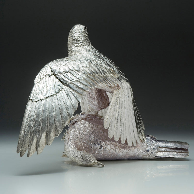 Saker Falcon Mantling & Houbara Bustard Sculpture in Sterling Silver