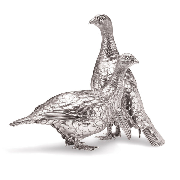 Grouse Pair Sculptures in Sterling Silver - Large