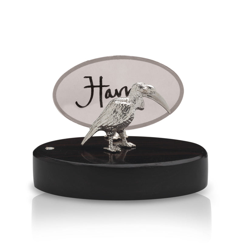 Hornbill Place Card Holder in Sterling Silver on Zimbabwean Blackwood base