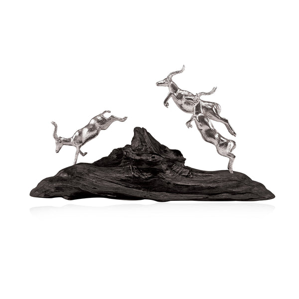 Impalas Leping Trio Sculpture in Sterling Silver on Zimbabwean Blackwood base