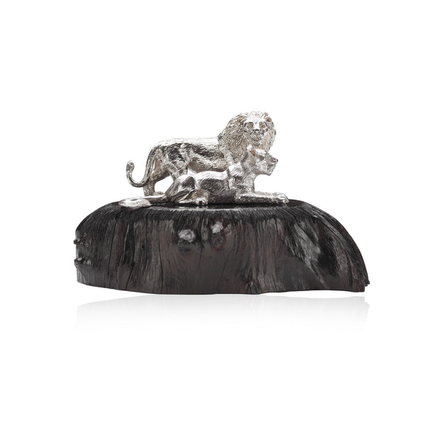 Lion Pair Sculpture in Sterling Silver on Zimbabwean Blackwood base - Medium