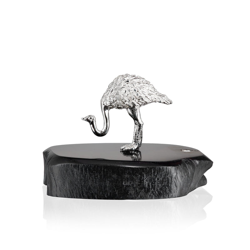 Ostrich Head Down Sculpture in Sterling Silver on Zimbabwean Blackwood base - Miniature