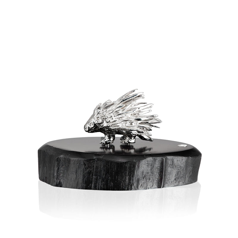 Porcupine Sculpture in Sterling Silver on Zimbabwean Blackwood base - Miniature