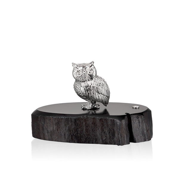 Owl Sculpture in Sterling Silver on Zimbabwean Blackwood base - Miniature
