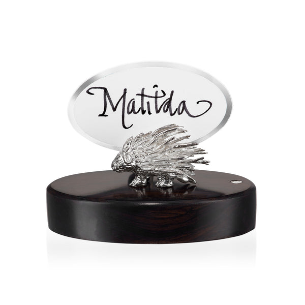 Porcupine Place Card Holder in Sterling Silver on Zimbabwean Blackwood base