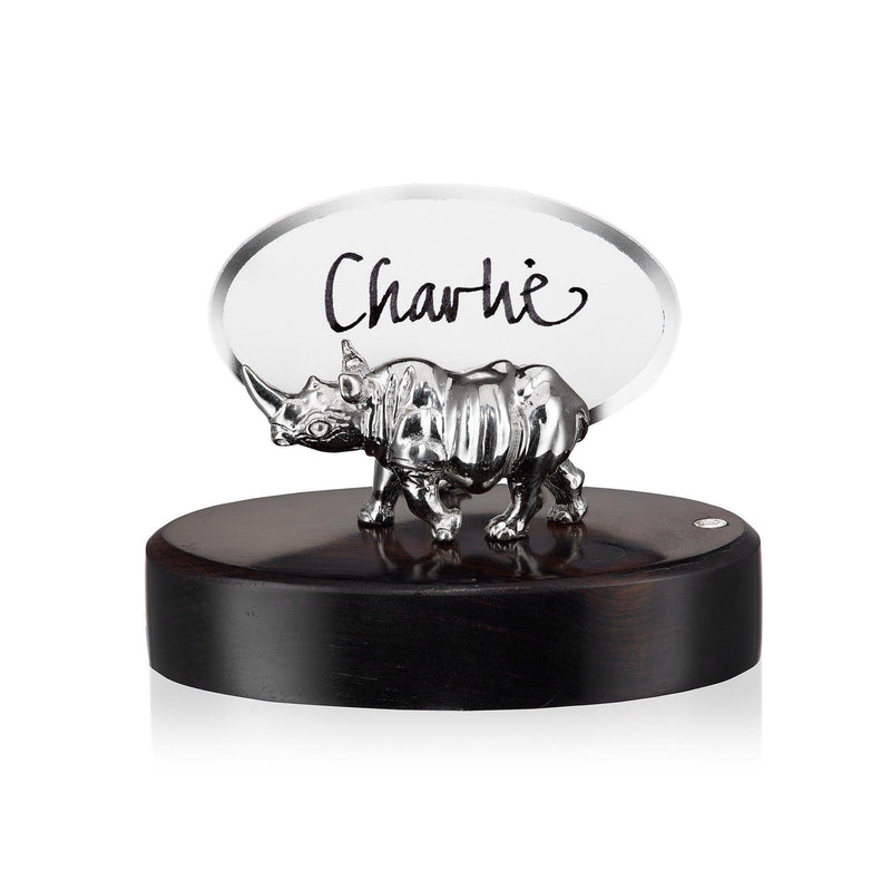 Black Rhino Head Up Place Card Holder in Sterling Silver on Zimbabwean Blackwood base