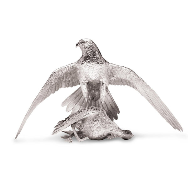 Saker Falcon Mantling & Houbara Bustard Sculpture in Sterling Silver