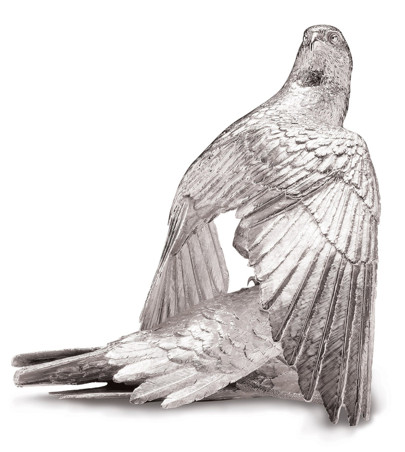 Saker Falcon Mantling & Houbara Bustard Sculpture in Sterling Silver