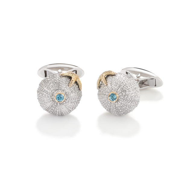 Sea Urchin Starfish Cufflinks Blue Topaz in Sterling Silver and 18ct Gold