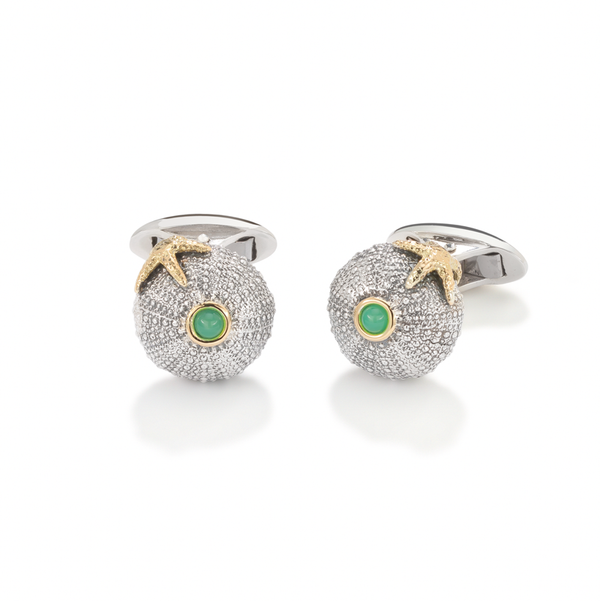 Sea Urchin Starfish Cufflinks Chrysoprase in Sterling Silver and 18ct Gold
