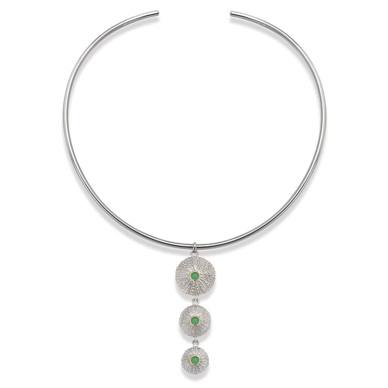 Sea Urchin Graduated Pendant Chrysoprase in Sterling Silver with 18ct Gold and Wire Choker in Sterling Silver