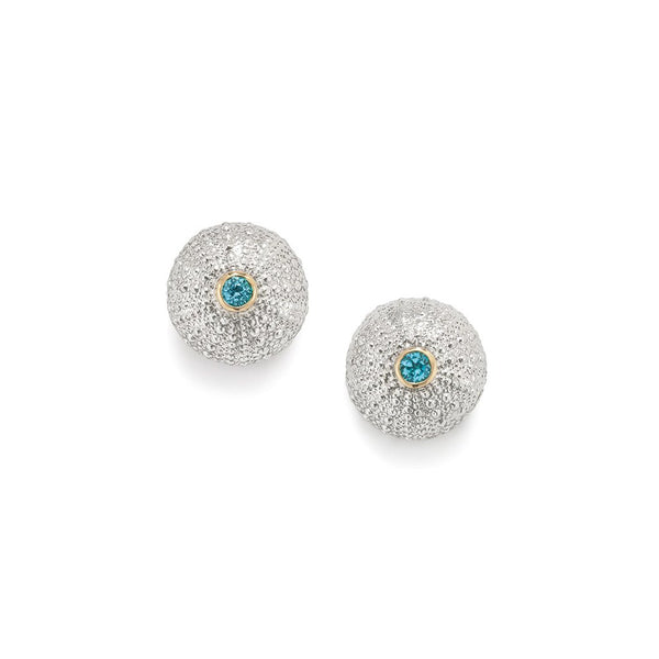 Sea Urchin Stud Earrings Blue Topaz in Sterling Silver and 18ct Gold