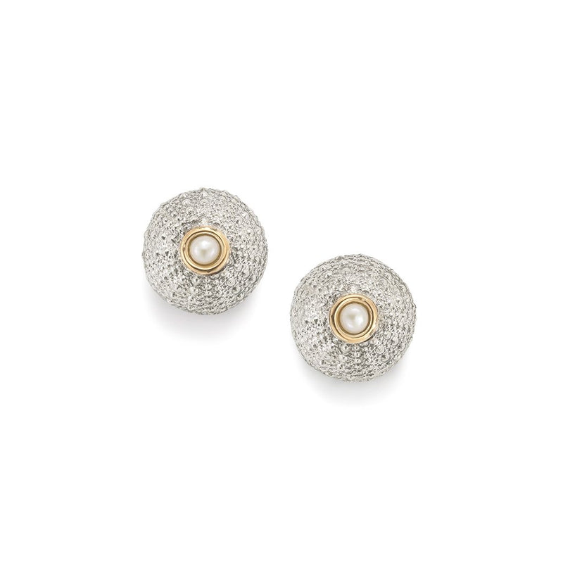 Sea Urchin Stud Earrings Pearl in Sterling Silver and 18ct Gold 