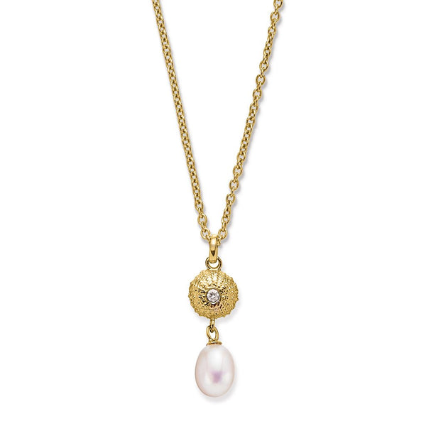 Sea Urchin Treasure Necklace in 18ct Gold with a Dangling Pearl