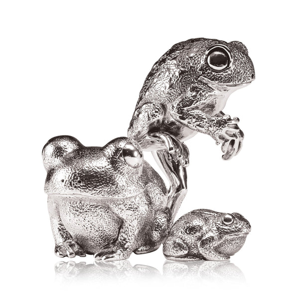 Toad Sitting Sculpture in Sterling Silver - Medium and Toad Baby Sitting Sculpture in Sterling Silver and Toad Standing Sculpture in Sterling Silver - Medium