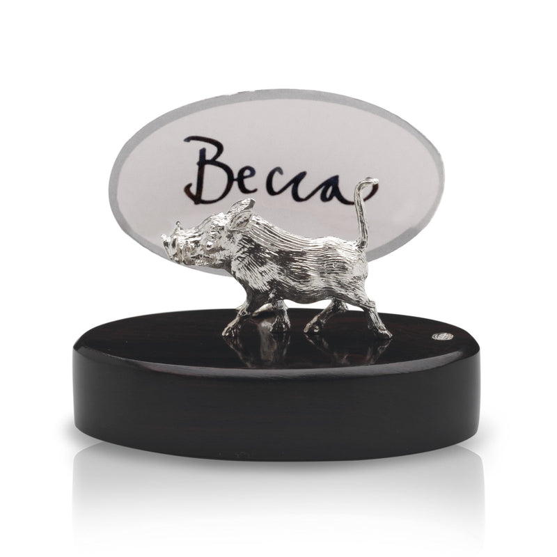 Warthog Running Place Card Holder in Sterling Silver on Zimbabwean Blackwood base