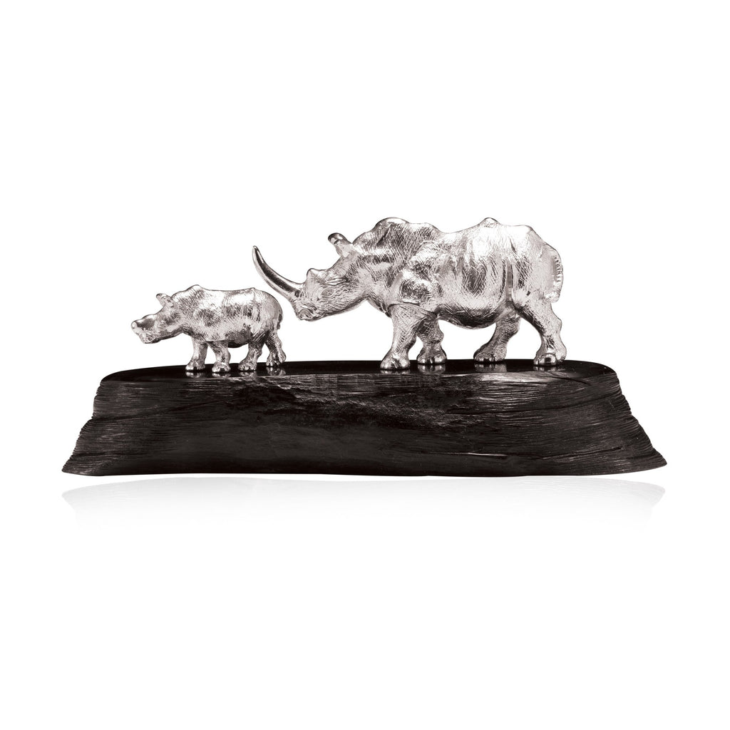 White Rhino & Baby Sculpture in Sterling Silver on Zimbabwean Blackwood base