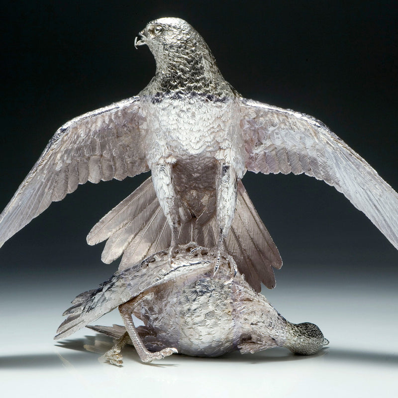 Saker Falcon Mantling & Houbara Bustard Sculpture in Sterling Silver