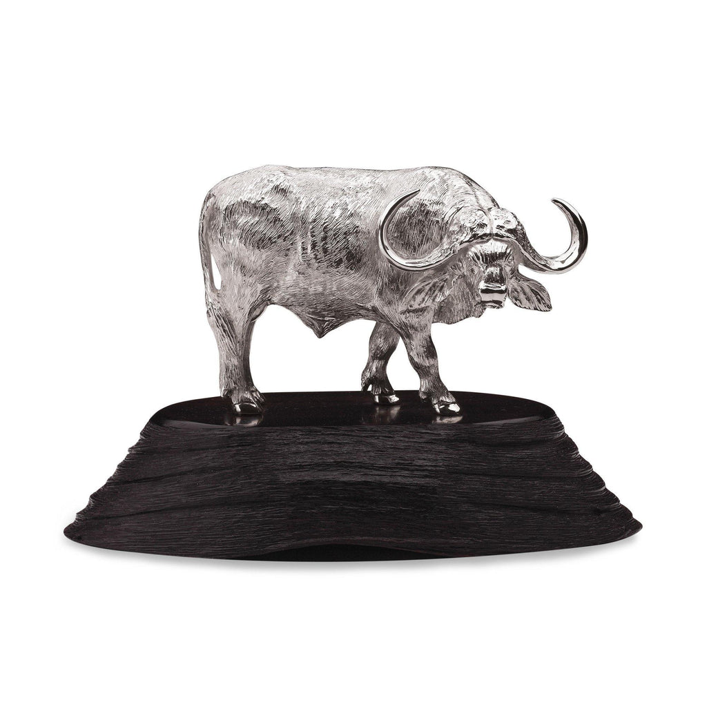 Buffalo Bull Sculpture in Sterling Silver on Zimbabwean Blackwood base - Large