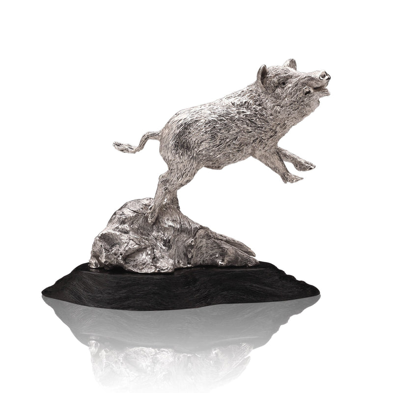 Wild Boar Single Sculpture in Sterling Silver on Zimbabwean Blackwood base